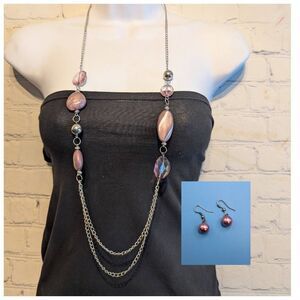 Long pink beaded chain necklace w/ earrings bundle